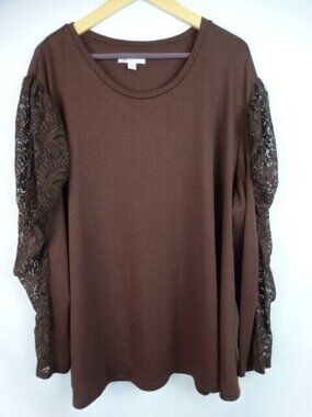 Cato Women's Top Plus Size 26/28W 4X Brown Sheer Lace Long Sleeve Shirt